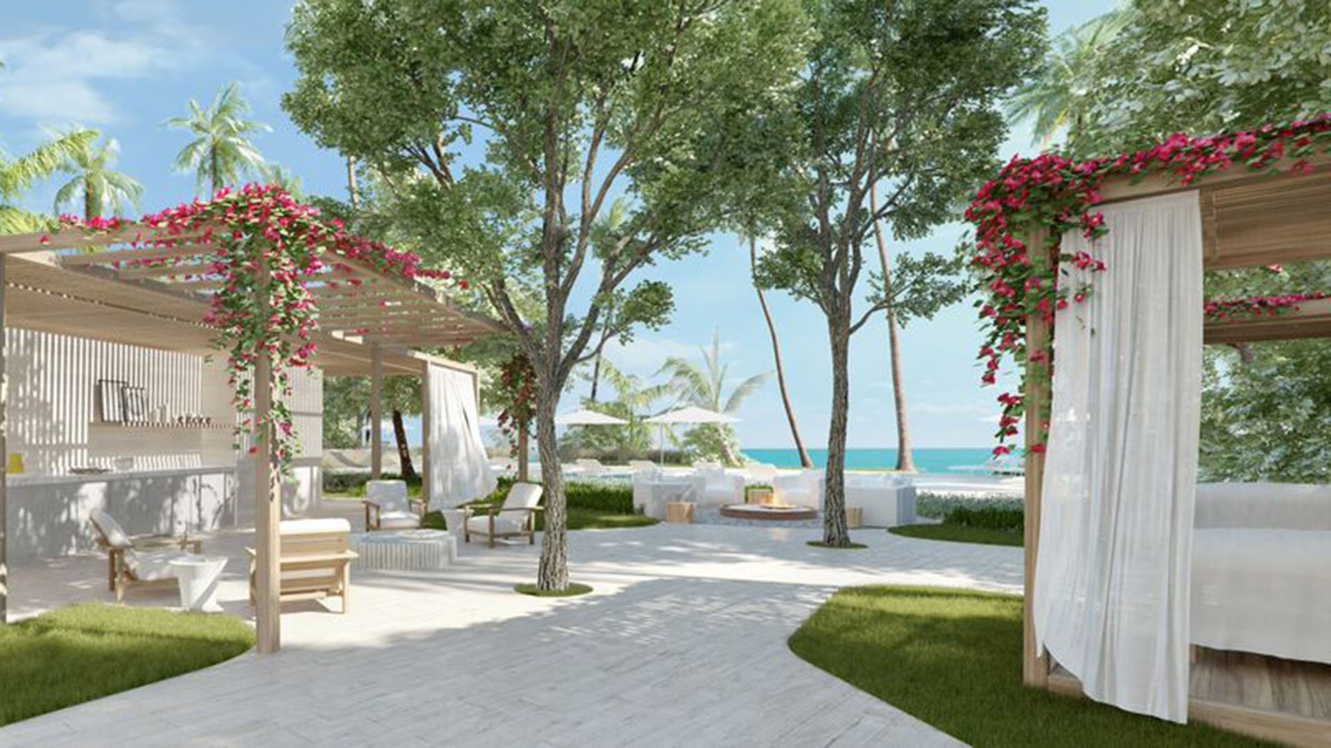 Auberge Beach Residences, Fort Lauderdale luxury and ultra luxury condos spa garden with cabanas, flowering pergolas, shaded seating, and a fire pit courtyard near the ocean.