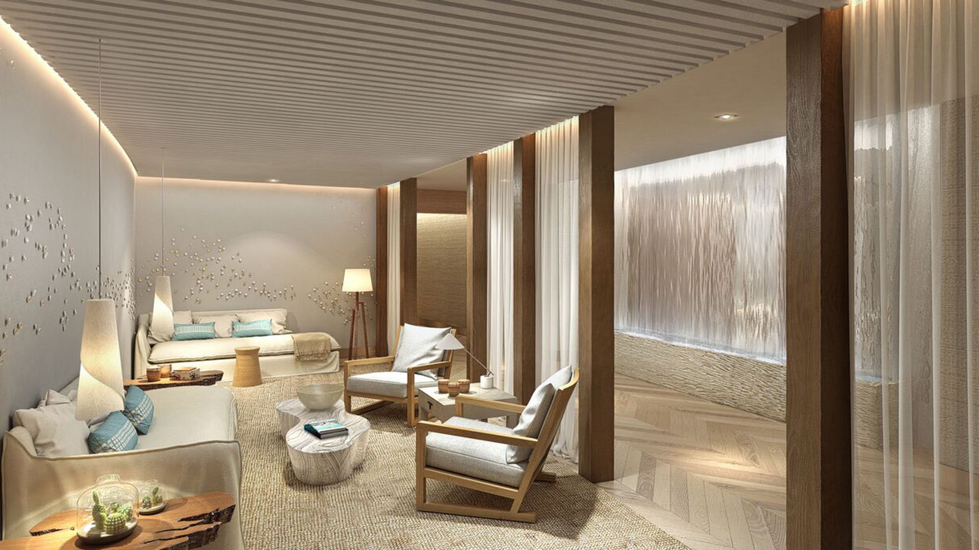 Auberge Beach Residences, Fort Lauderdale luxury and ultra luxury condos spa relaxation lounge with layered seating, soft lighting, and a tranquil water wall.