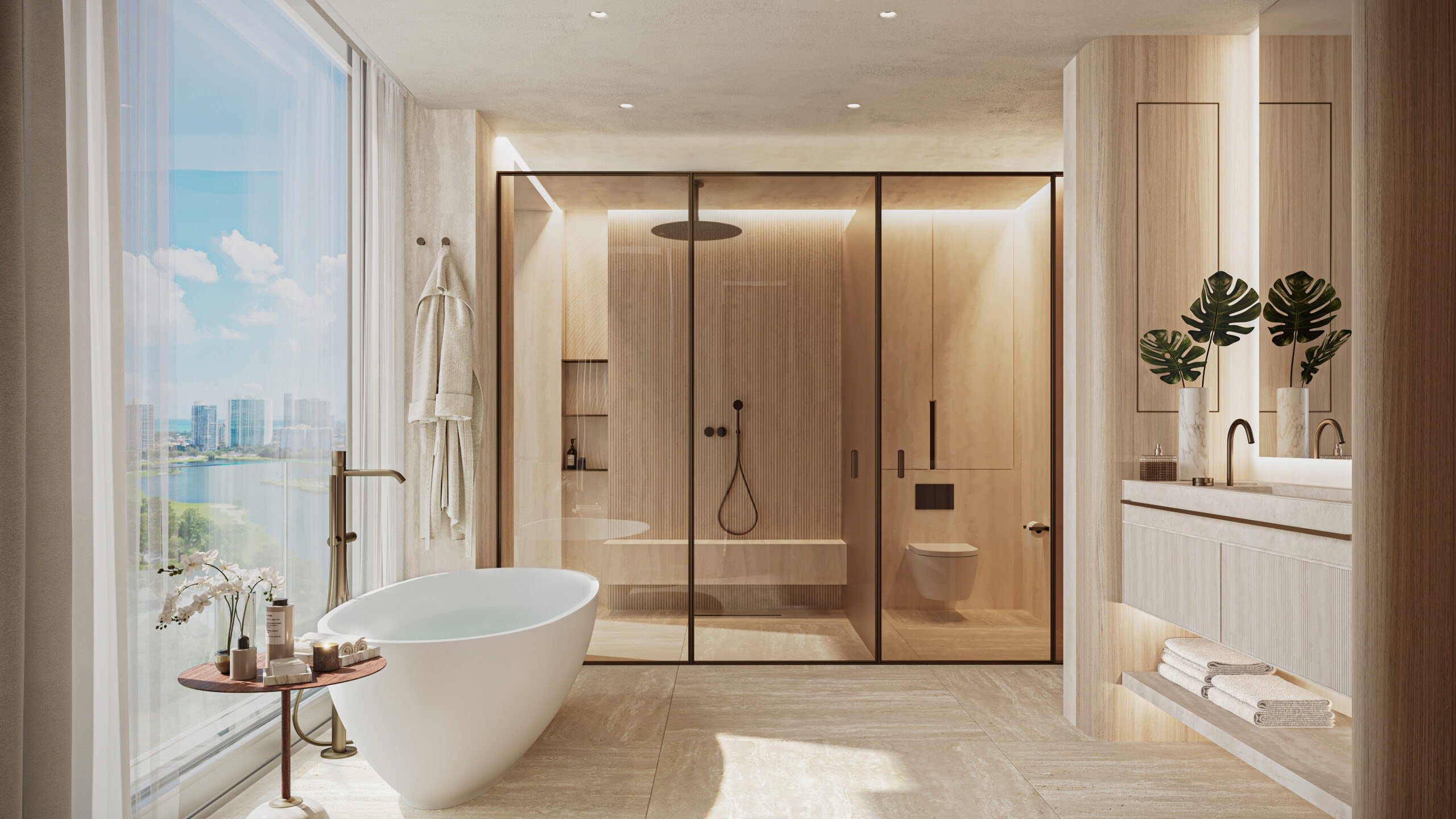 Avenia Aventura. Modern bathroom with a freestanding tub, glass-enclosed shower and toilet, large window, and light wood finishes. Featuring interior design.