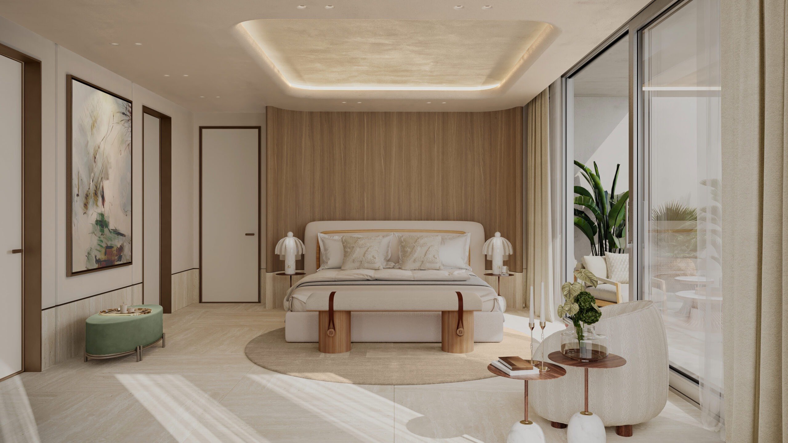 Avenia Aventura. Modern bedroom with neutral tones, wooden accents, a large bed, stylish lamps, and floor-to-ceiling windows with natural light. Featuring interior design.
