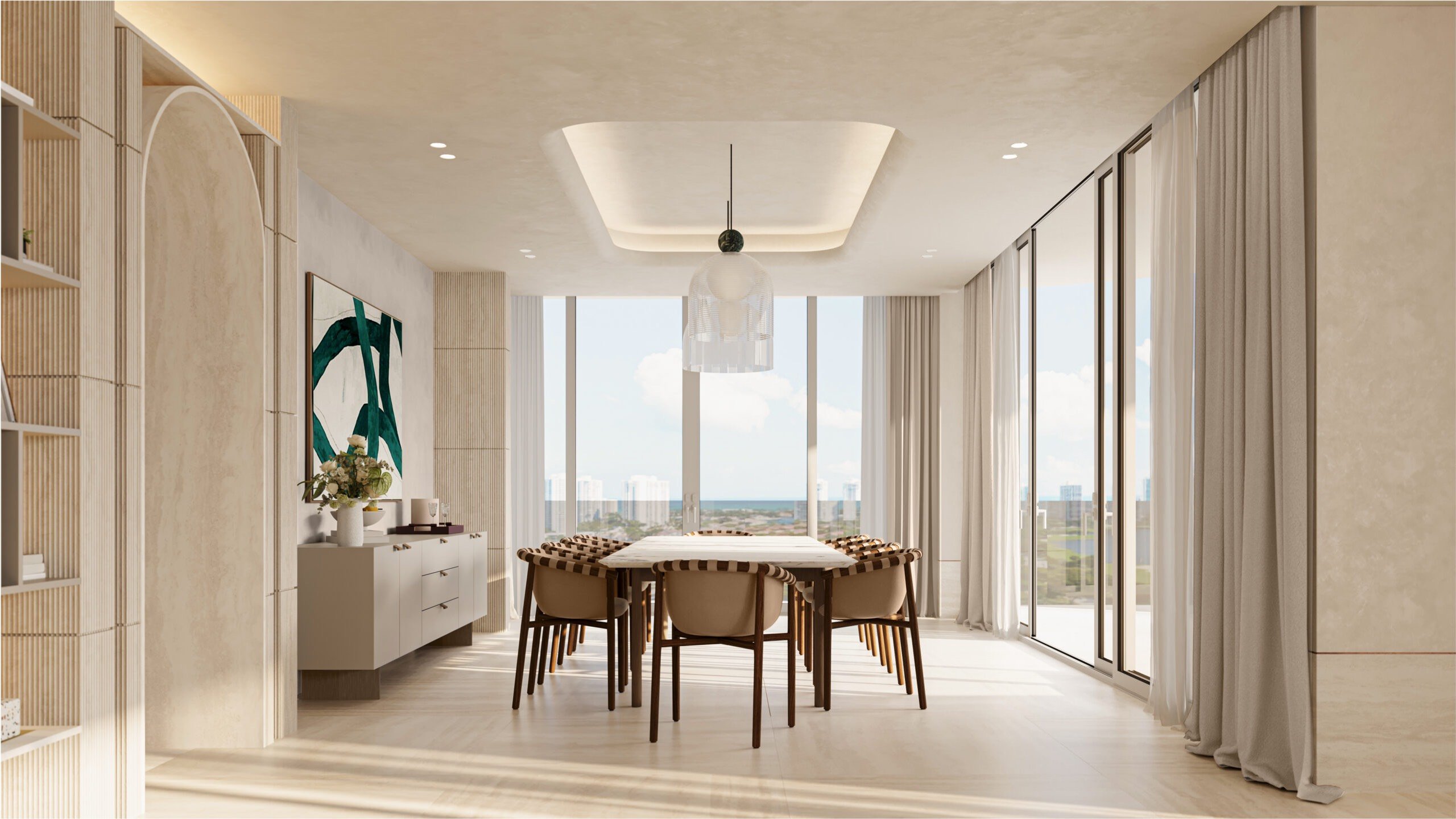 Avenia Aventura. Modern dining room with a long table, tan chairs, large windows, light curtains, and minimalist decor featuring a green abstract painting. Featuring interior.