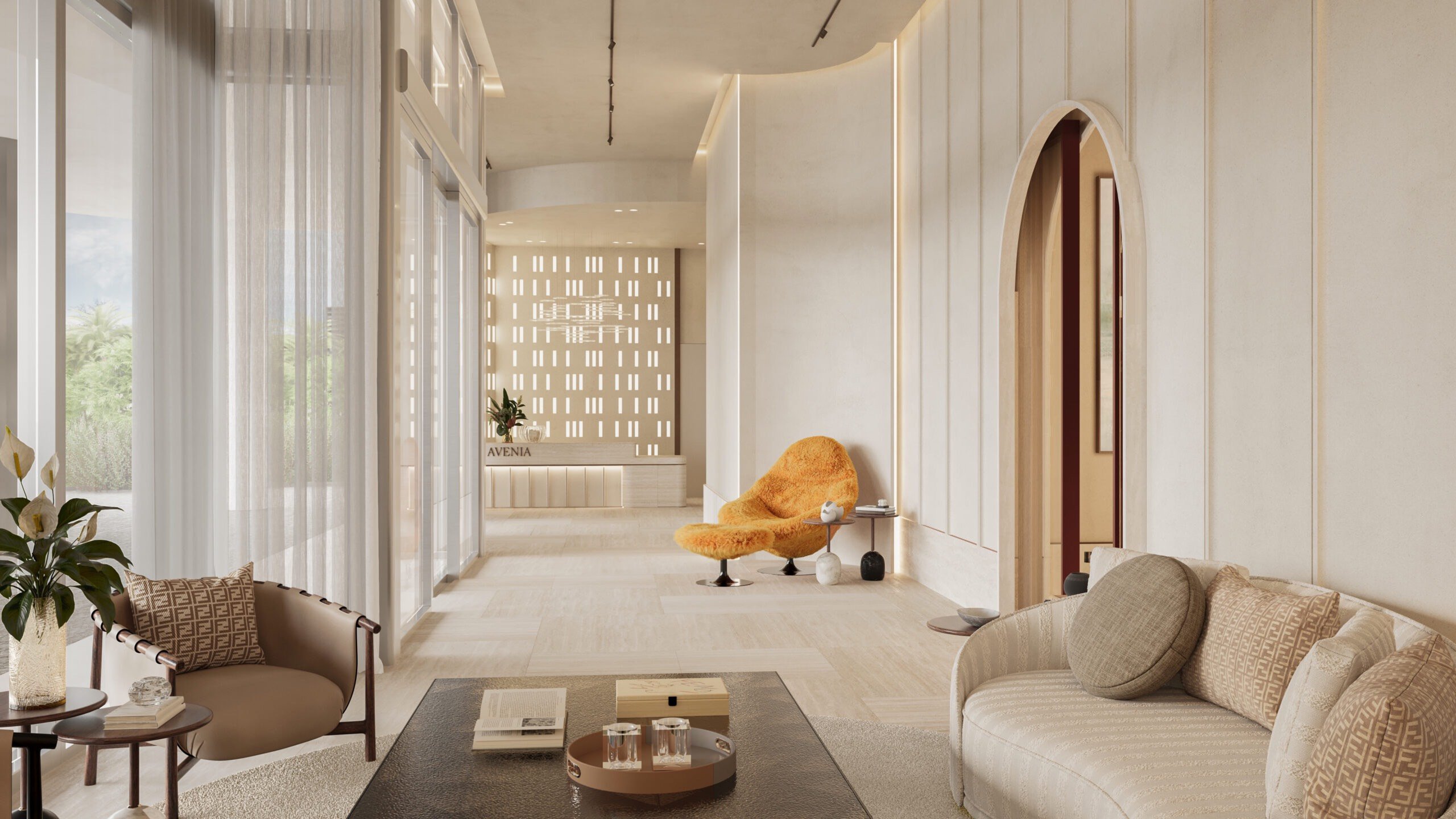 Avenia Aventura. Modern, sunlit lounge with neutral tones, an orange accent chair, curved sofa, and large windows with sheer curtains. Featuring interior, living room, and design.
