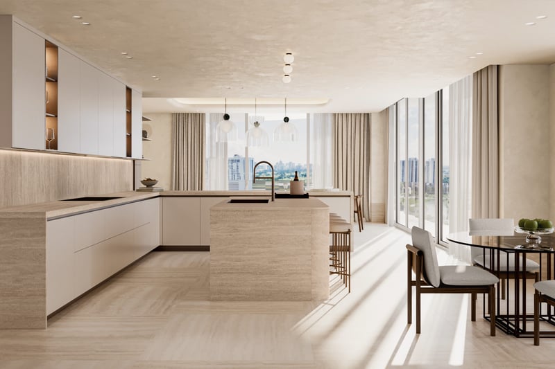 Avenia Aventura. Modern, spacious kitchen with light wood cabinets, island, dining table, floor-to-ceiling windows, and city views in the background. Featuring interior design.