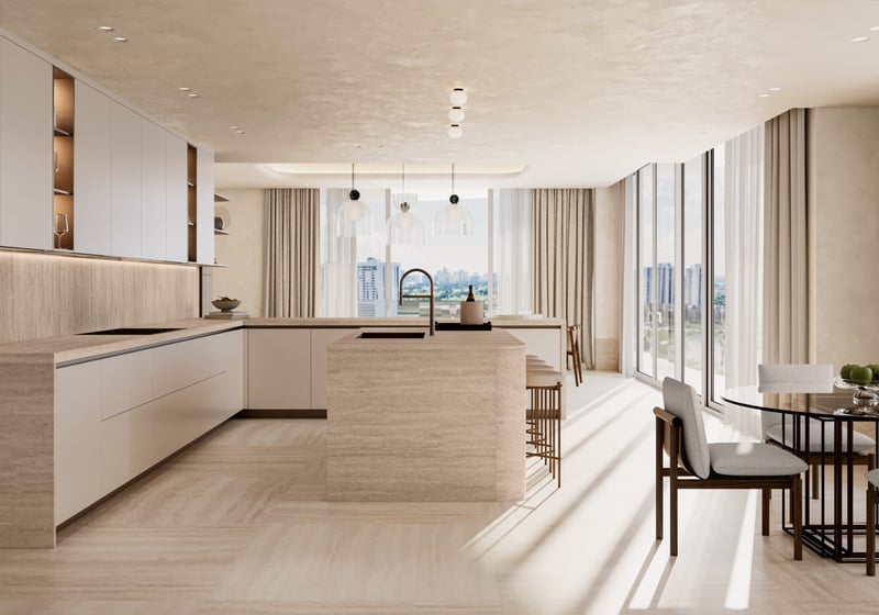 Avenia Aventura. Modern, spacious kitchen with light wood cabinets, island, dining table, floor-to-ceiling windows, and city views in the background. Featuring interior design.