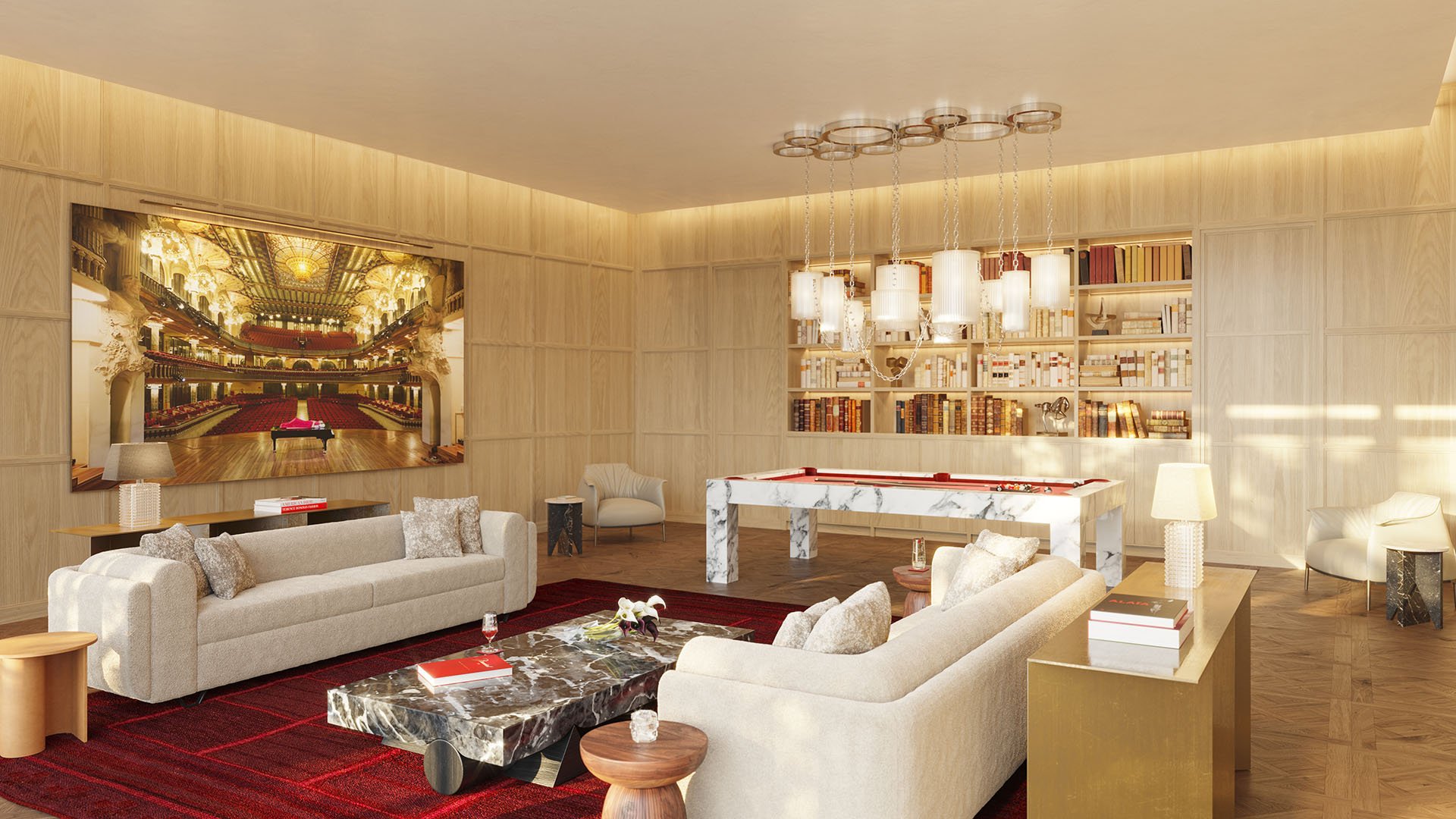 Baccarat Residences in Brickell, Miami, luxury and ultra luxury condos featuring a billiards lounge with a marble pool table, book-lined walls, sofas, and warm wood finishes.