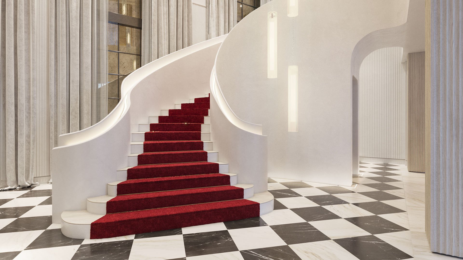 Baccarat Residences in Brickell, Miami, luxury and ultra luxury condos featuring a sculptural staircase, sweeping white curves, a red carpet runner, and classic checkerboard flooring.