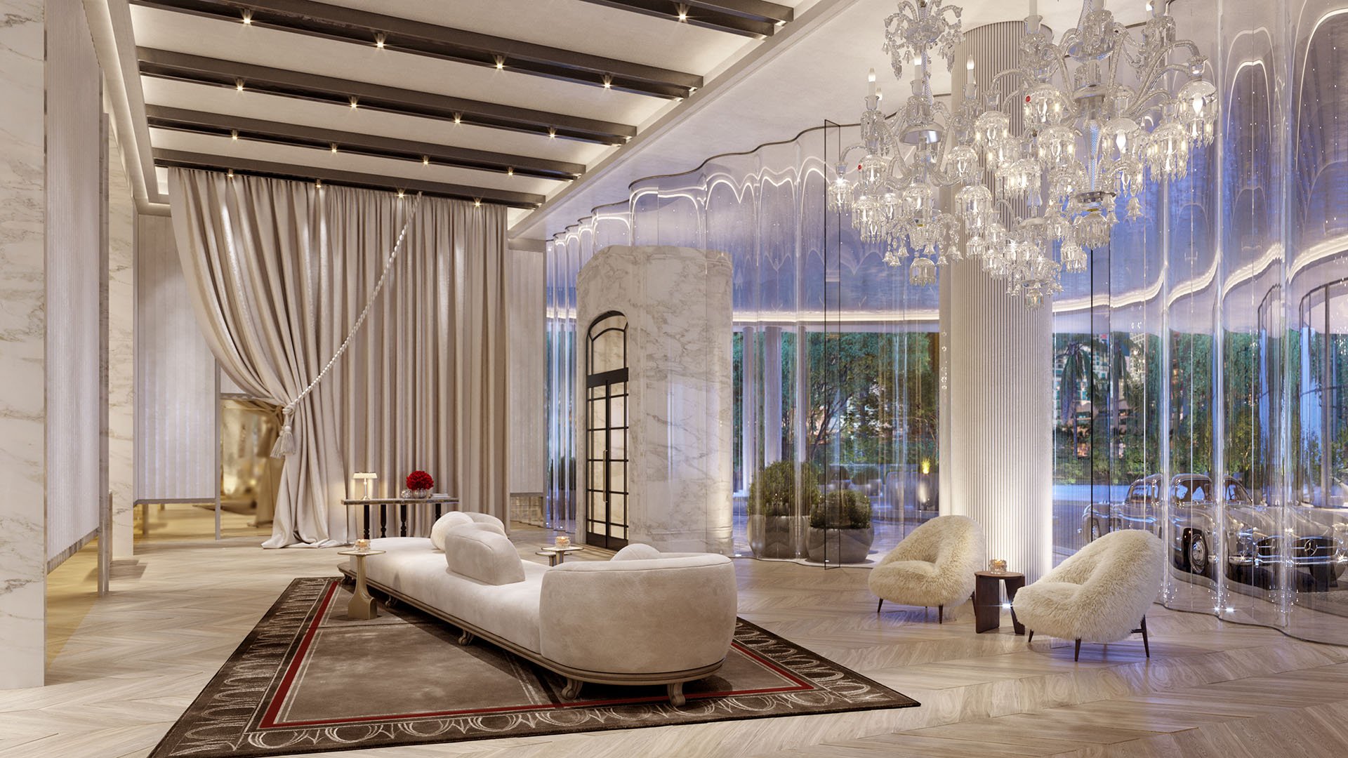 Baccarat Residences in Brickell, Miami, luxury and ultra luxury condos featuring a grand lobby lounge, dramatic drapery, a crystal chandelier, curved seating, and glossy glass partitions.
