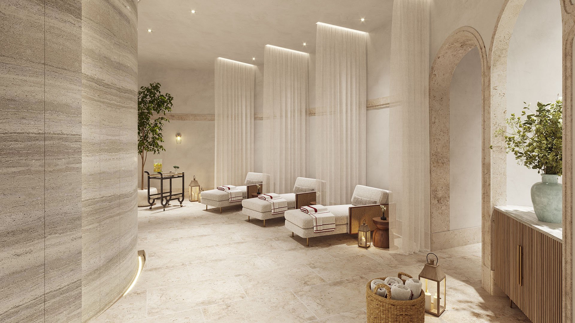 Baccarat Residences in Brickell, Miami, luxury and ultra luxury condos featuring a hammam relaxation lounge, chaise seating, sheer curtains, soft stone finishes, and serene spa styling.