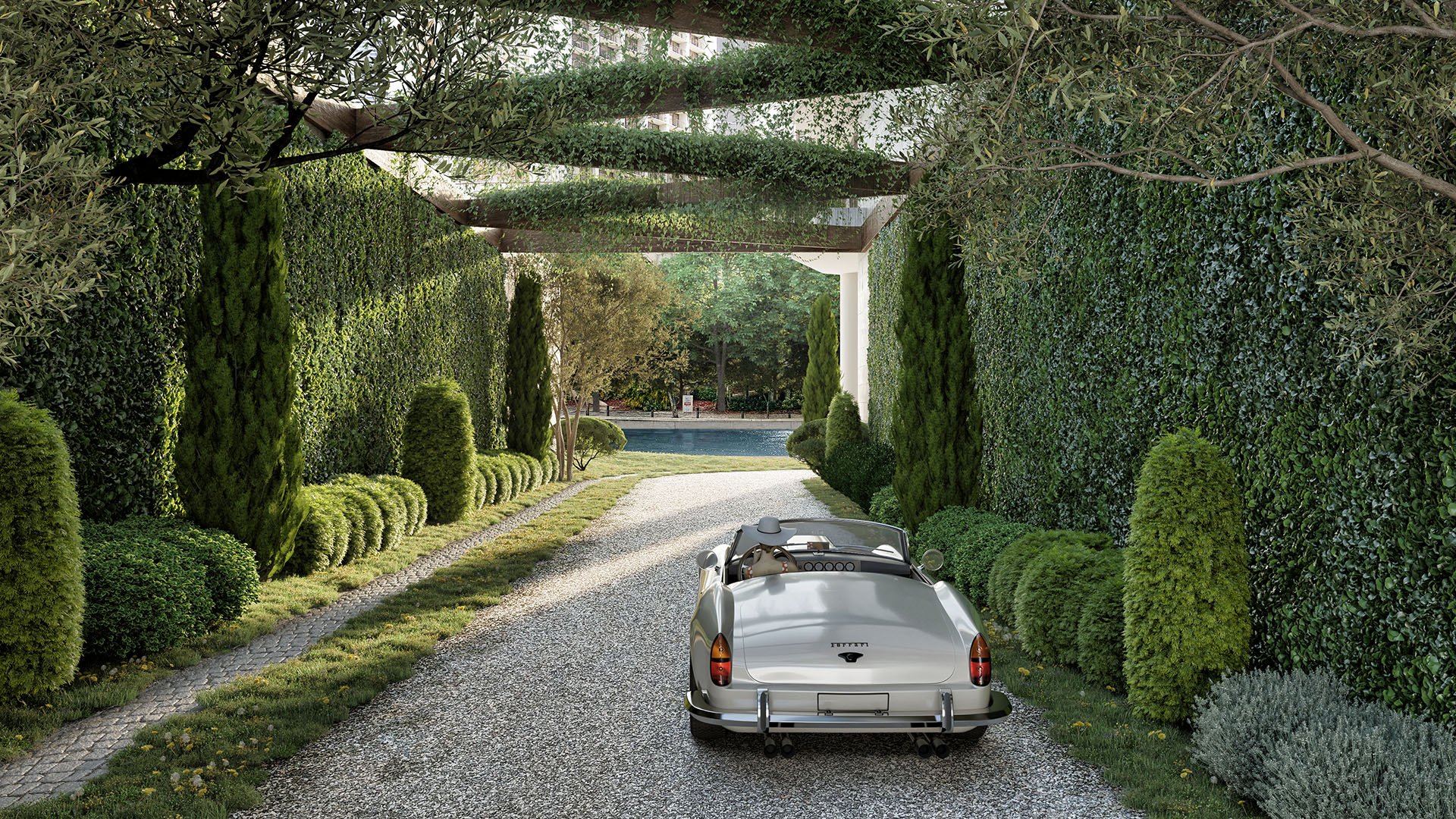 Baccarat Residences in Brickell, Miami, luxury and ultra luxury condos featuring a hedge-lined arrival drive, vine-covered pergola, gravel motor court, and a vintage convertible.