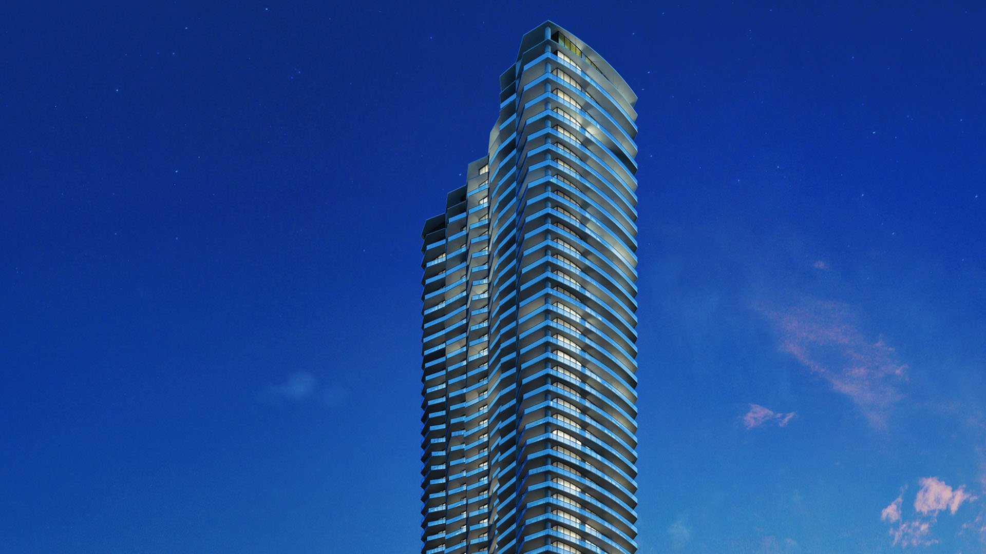 Baccarat Residences in Brickell, Miami, luxury and ultra luxury condos featuring an illuminated condo tower exterior at blue hour, curved architecture, and glowing residential floors.