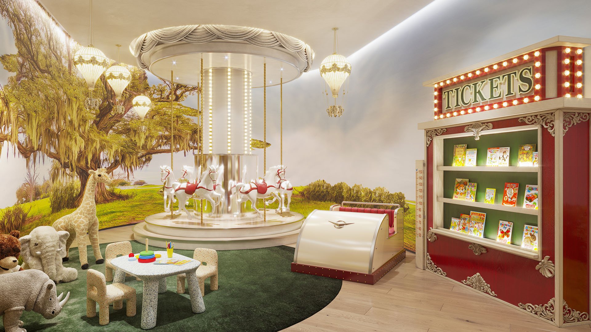Baccarat Residences in Brickell, Miami, luxury and ultra luxury condos featuring a whimsical kids playroom, carousel, ticket booth, animal seating, and a storybook mural.