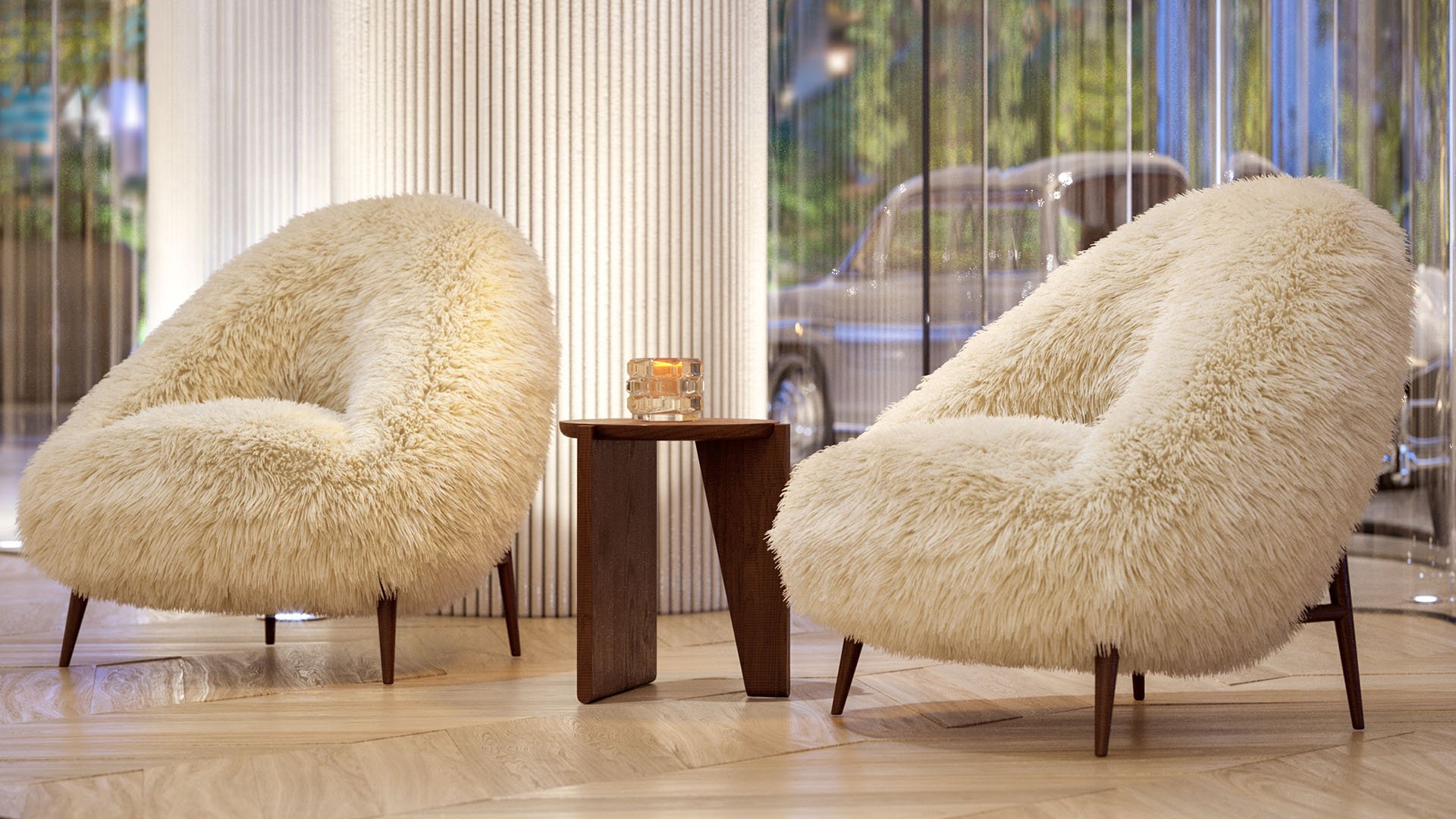 Baccarat Residences in Brickell, Miami, luxury and ultra luxury condos featuring a lobby seating vignette, plush accent chairs, a sculptural side table, and softly lit vertical wall detailing.