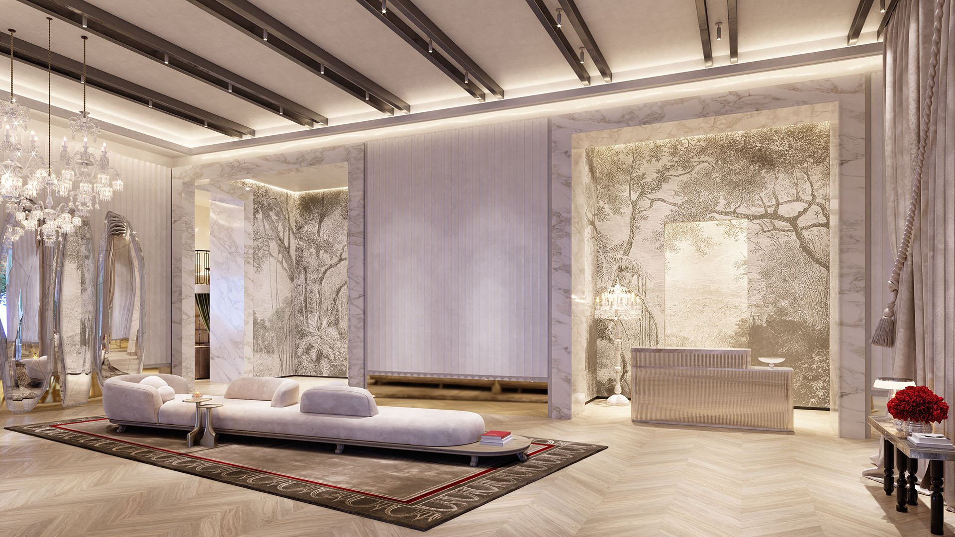 Baccarat Residences in Brickell, Miami, luxury and ultra luxury condos featuring a lobby reception lounge, marble surrounds, mural walls, crystal lighting, and sculptural seating.