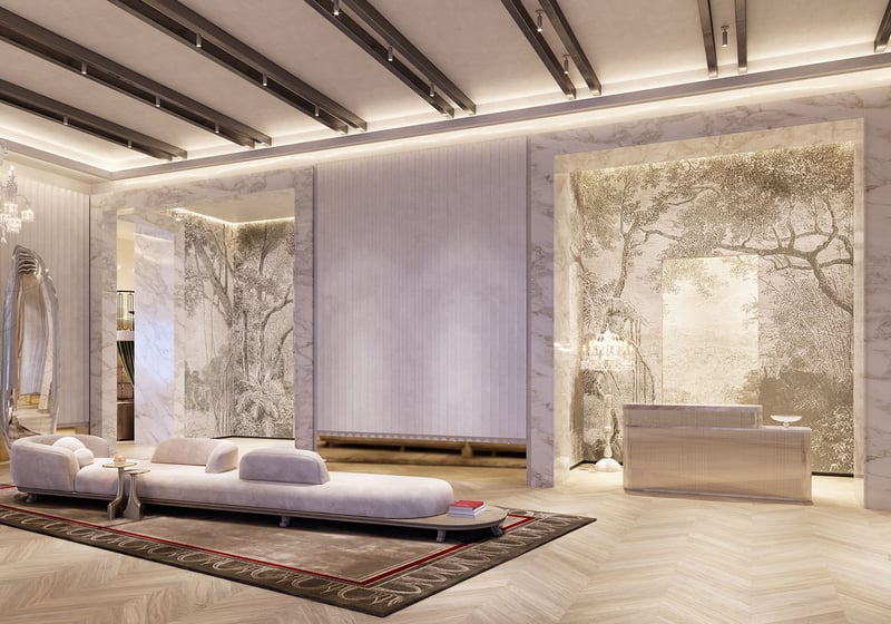 Baccarat Residences in Brickell, Miami, luxury and ultra luxury condos featuring a lobby reception lounge, marble surrounds, mural walls, crystal lighting, and sculptural seating.