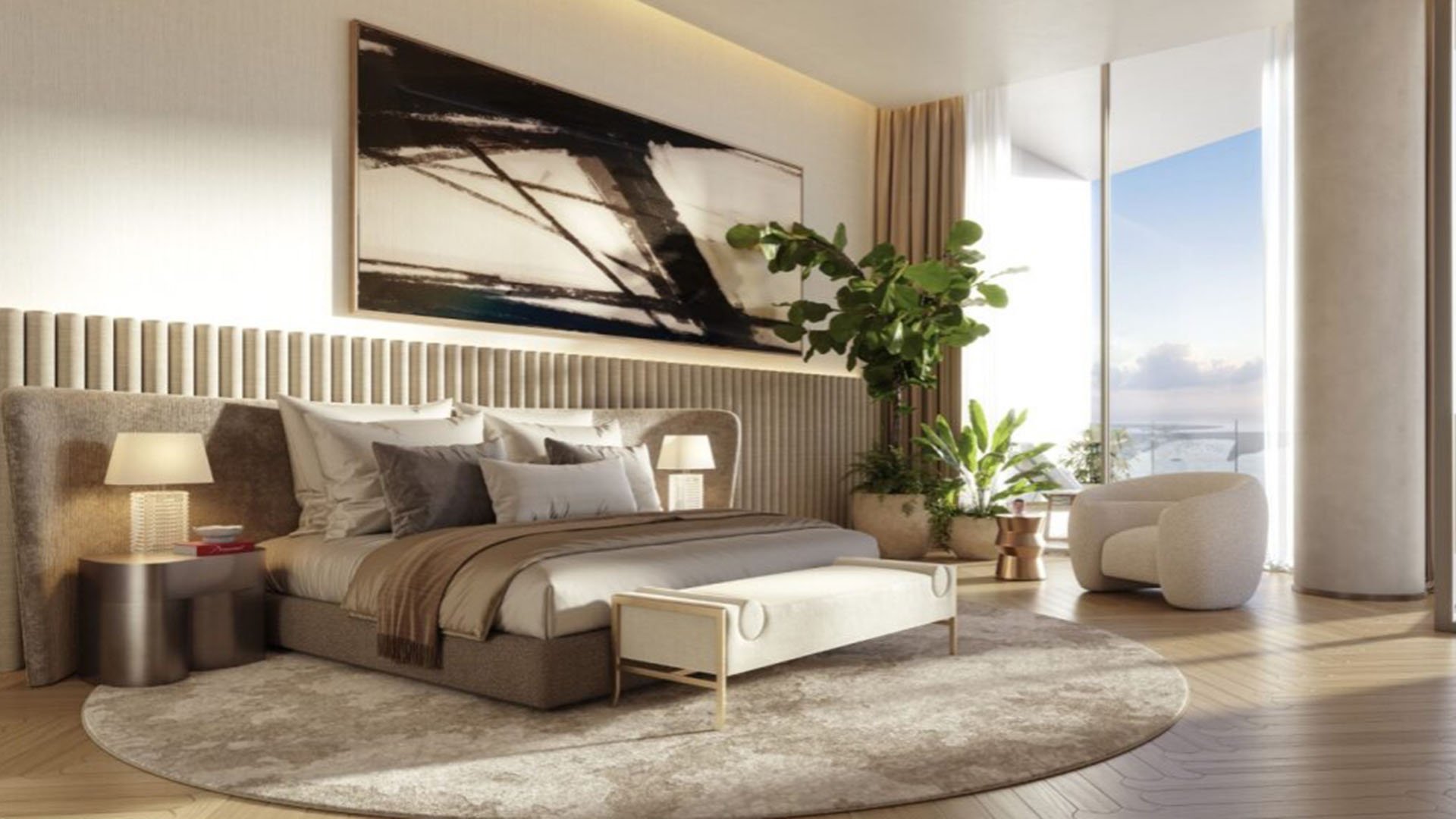 Baccarat Residences in Brickell, Miami, luxury and ultra luxury condos featuring a penthouse bedroom, sitting area, oversized artwork, warm finishes, and water views through tall glass.
