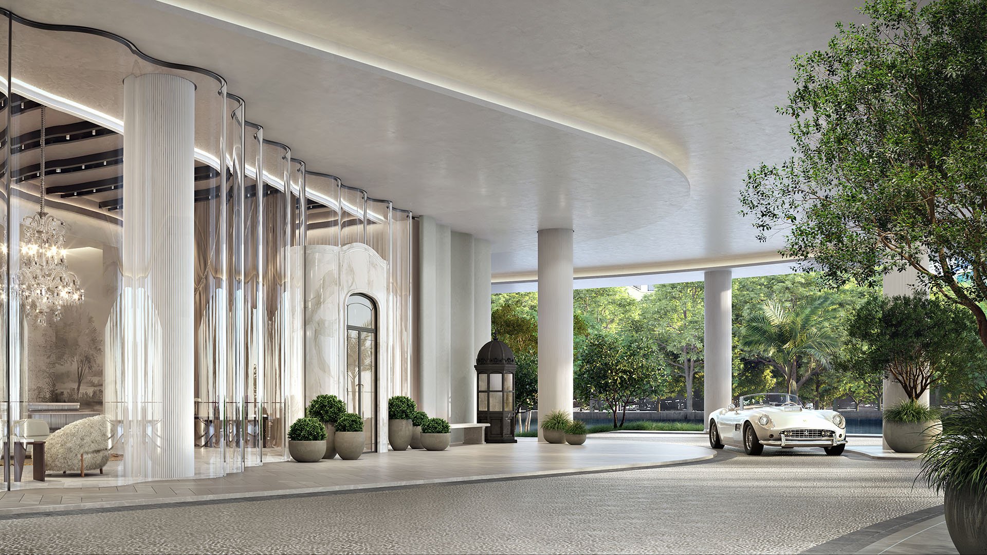 Baccarat Residences in Brickell, Miami, luxury and ultra luxury condos featuring a porte cochere arrival canopy, a curved drop-off drive, grand glass entry, landscaping, and a classic car.