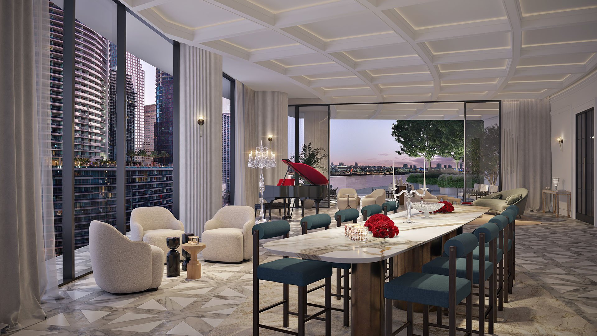Baccarat Residences in Brickell, Miami, luxury and ultra luxury condos featuring a private dining salon, grand piano, a long entertaining table, marble flooring, and bay views.