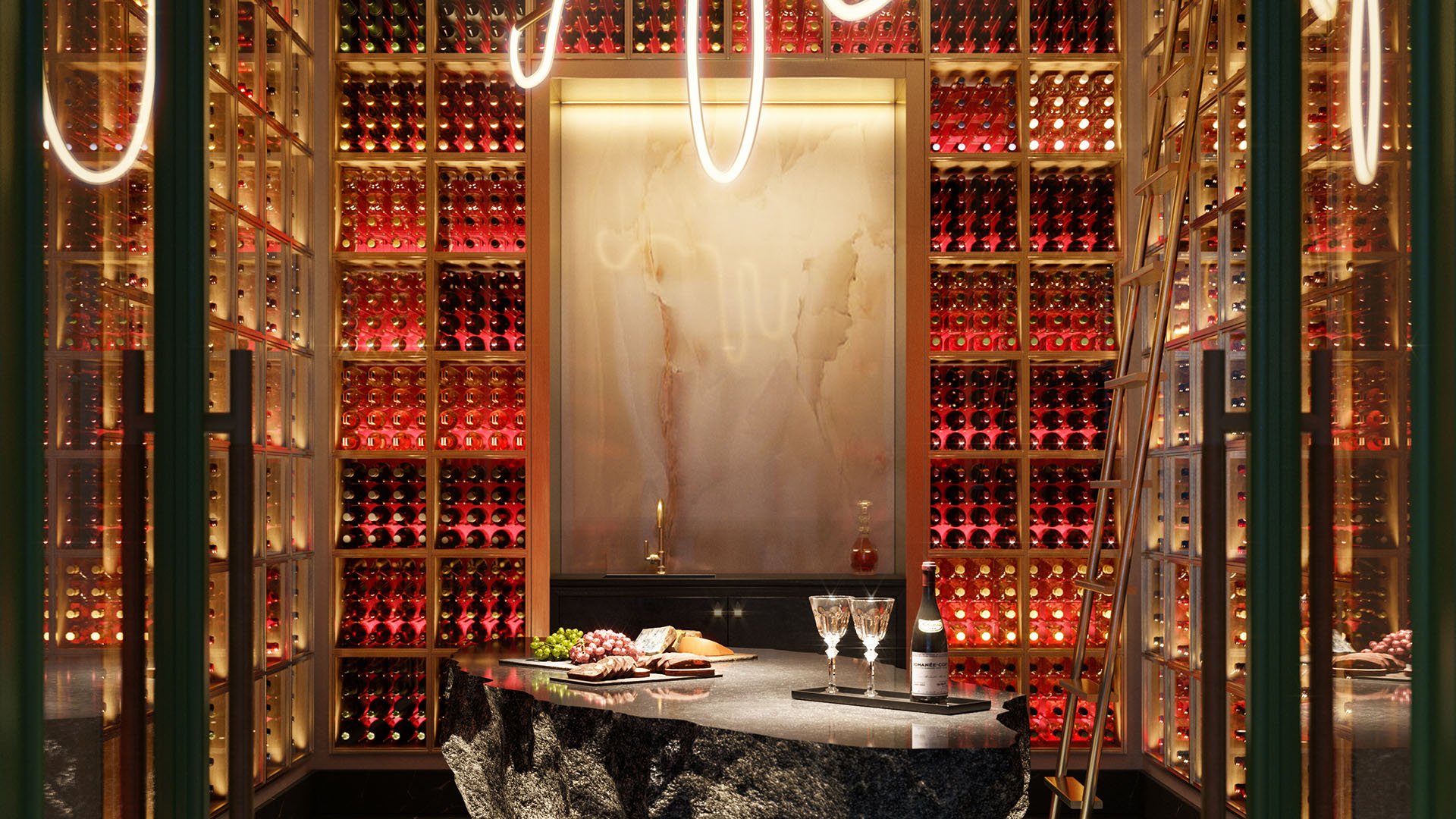 Baccarat Residences in Brickell, Miami, luxury and ultra luxury condos featuring a wine cellar, tasting island, backlit bottle walls, ladder shelving, and an entertaining setup.
