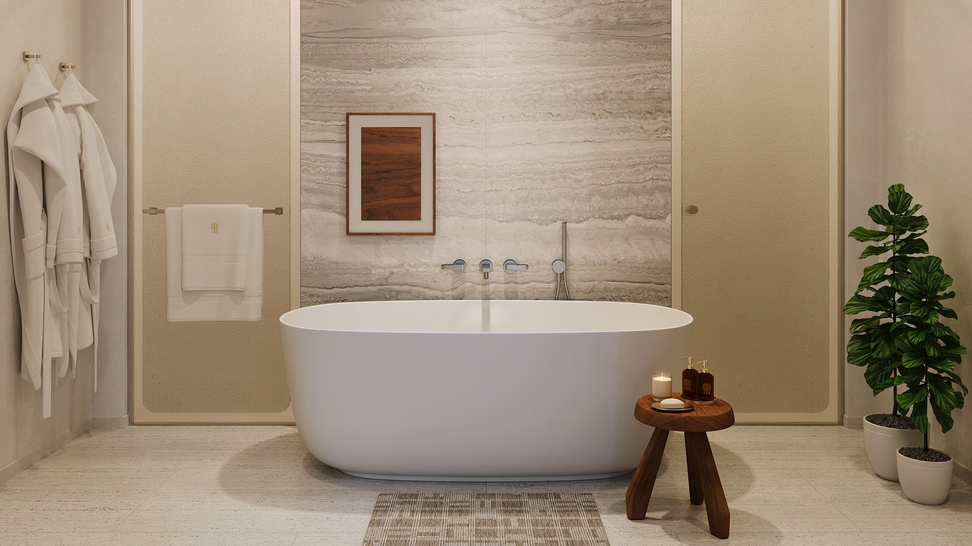Freestanding soaking tub centered in a serene stone bathroom at Banyan Tree Residences in West Palm Beach, showcasing luxury and ultra luxury condos with soft neutral finishes, spa styling, and a calm residential design.
