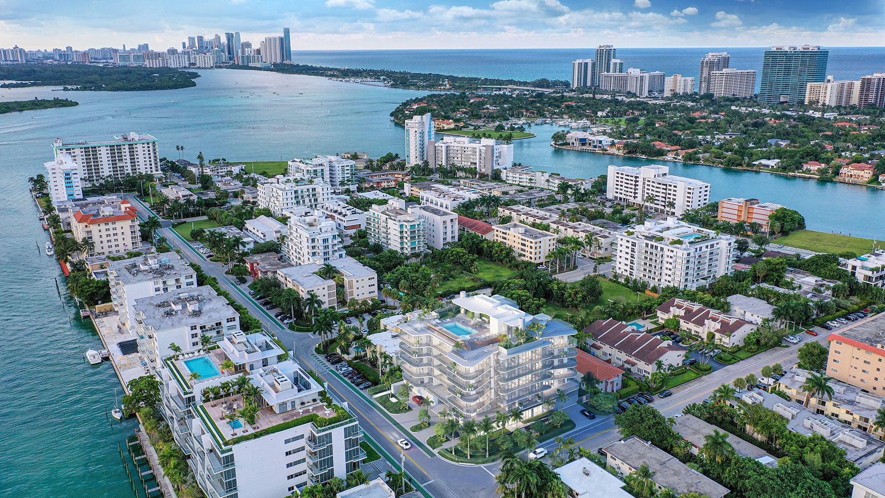 Bay Harbor Islands waterfront aerial with boats and canals, Miami, exclusive enclave of luxury and ultra luxury condos, strong preconstruction and resale market. Featuring view.