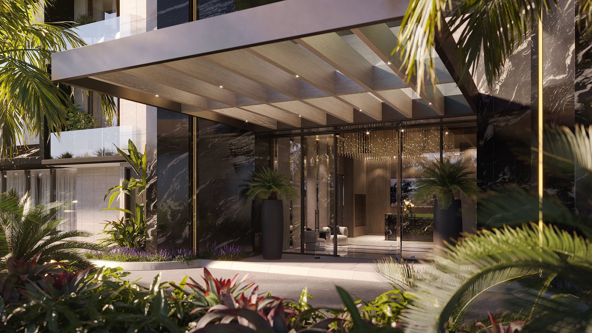 Bay Harbor Towers Bay Harbor Islands, Florida porte-cochere entrance with marble façade, glass doors, wood ceiling and lush landscaping, highlighting luxury and ultra luxury preconstruction condos arrival experience.