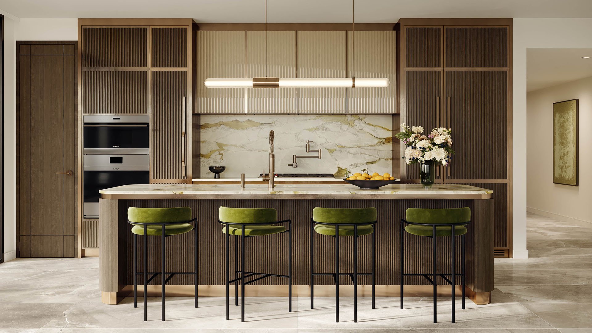 Bay Harbor Towers Bay Harbor Islands chef kitchen with ribbed wood cabinetry, marble backsplash, brass fixtures and island seating, showcasing luxury and ultra luxury preconstruction condos in Miami with designer finishes.