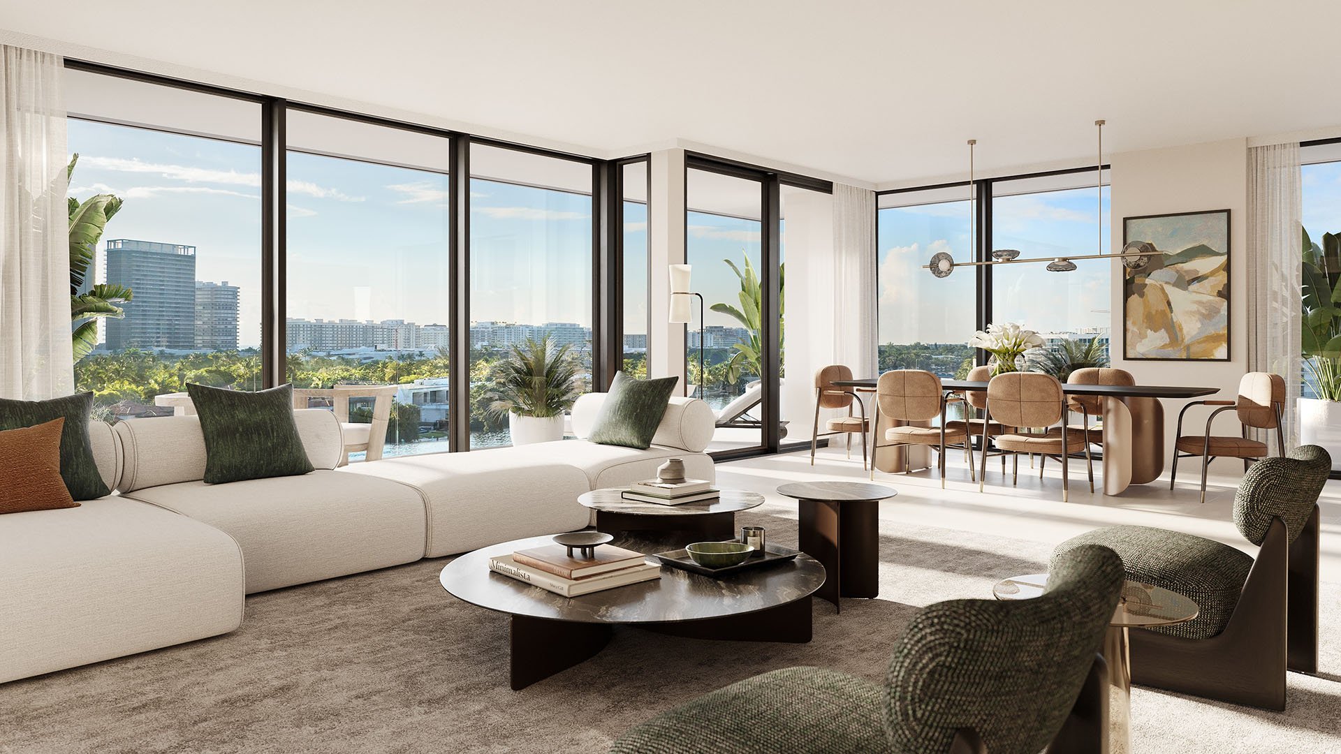 Bay Harbor Towers Bay Harbor Islands open-concept living and dining room with corner glass and city-waterfront views, presenting luxury and ultra luxury preconstruction condos in Miami with expansive windows and modern furnishings.