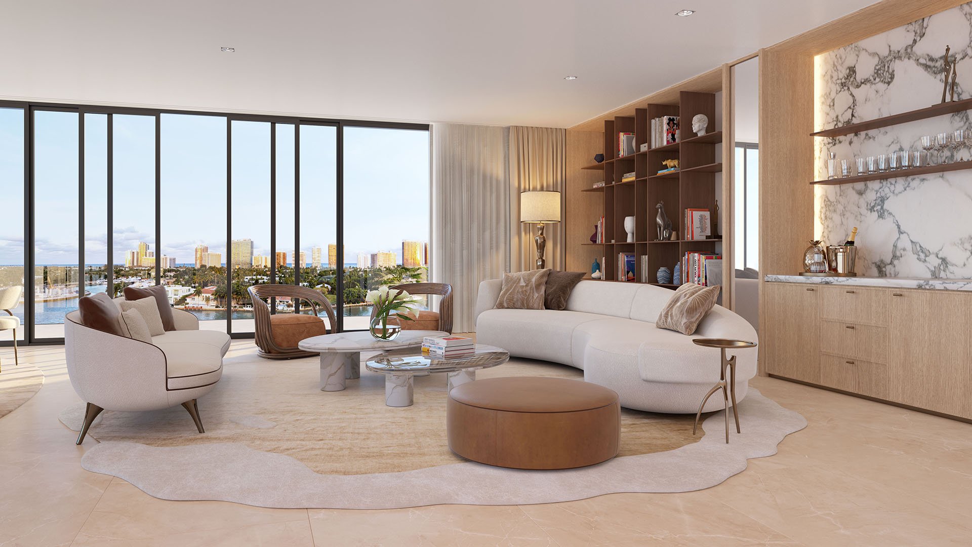 Bay Harbor Towers Bay Harbor Islands living room with curved sofa, built-in library and marble wet bar facing skyline views, showcasing luxury and ultra luxury preconstruction condos in Miami with elevated interiors.