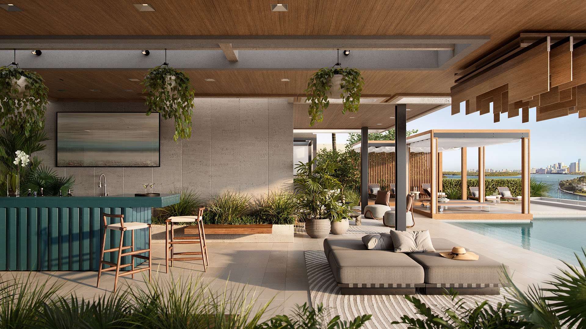 Bay Harbor Towers Bay Harbor Islands resort deck with covered bar, daybeds, cabanas and pool overlooking the bay, presenting luxury and ultra luxury preconstruction condos in Miami with outdoor lounge amenities.