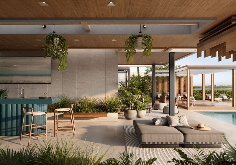 Bay Harbor Towers Bay Harbor Islands resort deck with covered bar, daybeds, cabanas and pool overlooking the bay, presenting luxury and ultra luxury preconstruction condos in Miami with outdoor lounge amenities.