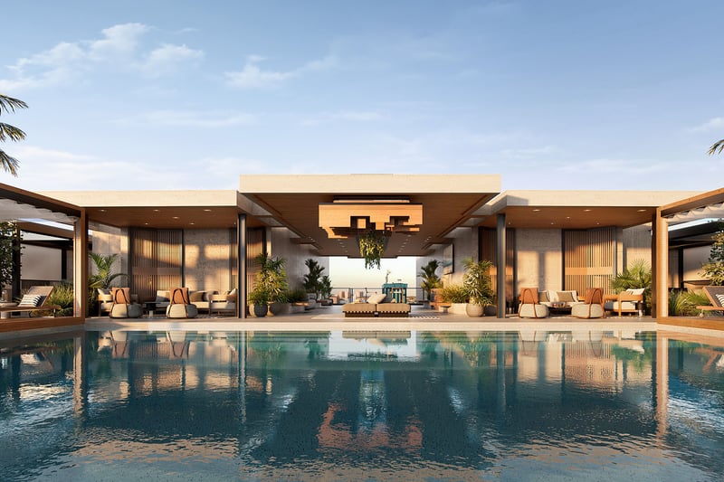 Bay Harbor Towers Bay Harbor Islands Miami poolside lounge and modern cabanas beside a resort-style pool, showcasing luxury and ultra luxury preconstruction condos amenities with serene waterfront-inspired design.