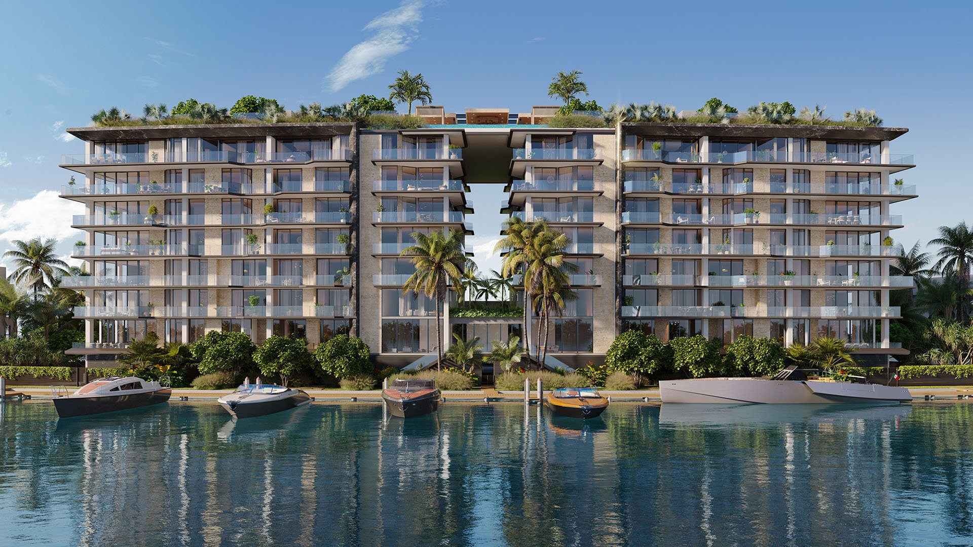 Bay Harbor Towers Bay Harbor Islands Miami waterfront residence with glass balconies and docked yachts, highlighting luxury and ultra luxury preconstruction condos on the Intracoastal Waterway with contemporary architecture.