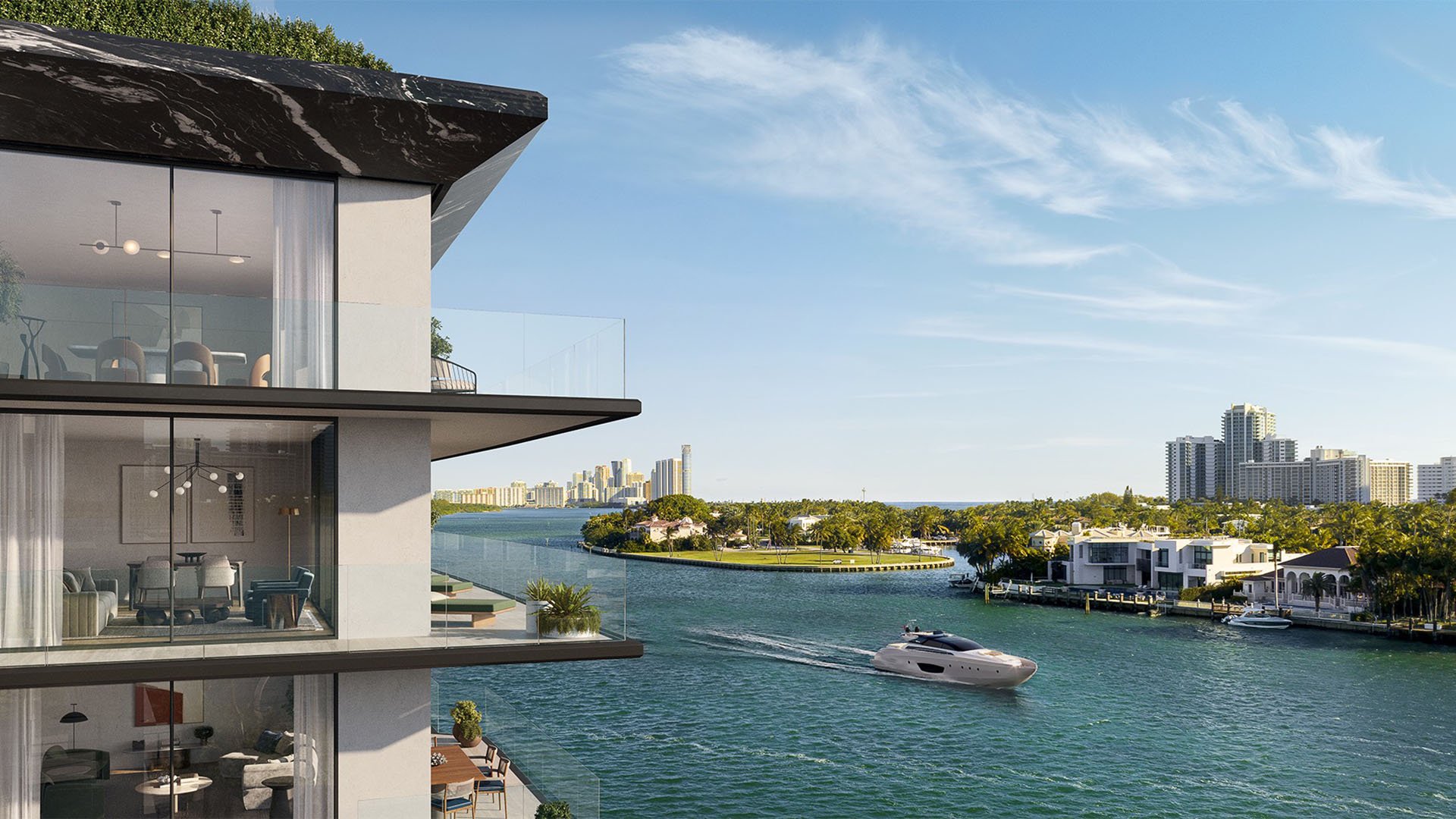 Bay Harbor Towers Bay Harbor Islands Miami corner balcony with floor-to-ceiling glass and panoramic Intracoastal views as a yacht cruises by, showcasing luxury and ultra luxury preconstruction condos lifestyle near Miami Beach.