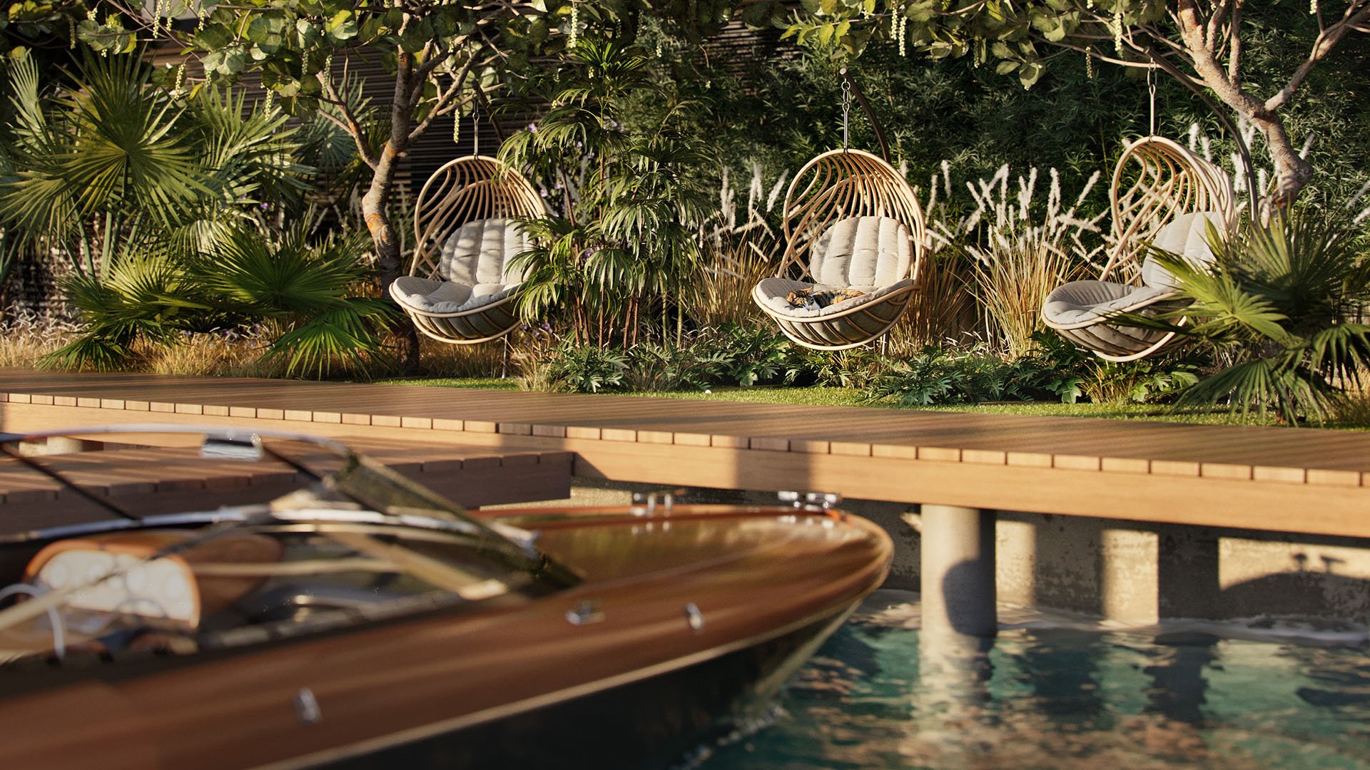 Bay Harbor Towers Bay Harbor Islands Miami waterfront deck with hanging lounge chairs, lush tropical landscaping, and a docked boat, highlighting luxury and ultra luxury preconstruction condos with private marina lifestyle.
