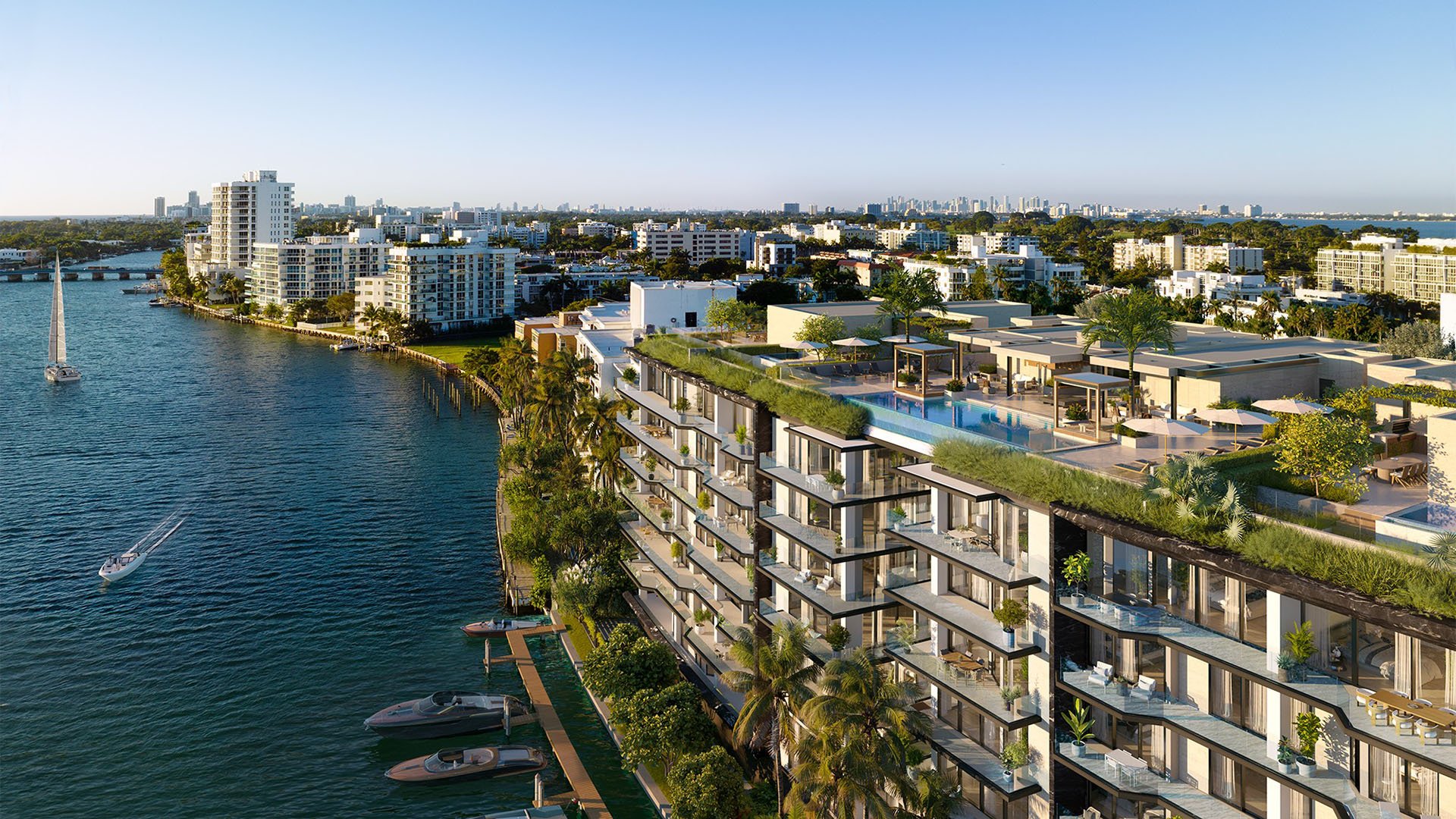 Bay Harbor Towers Bay Harbor Islands Miami waterfront rooftop pool with cabanas and landscaped terraces, showcasing luxury and ultra luxury preconstruction condos along the Intracoastal with nearby Miami skyline views.