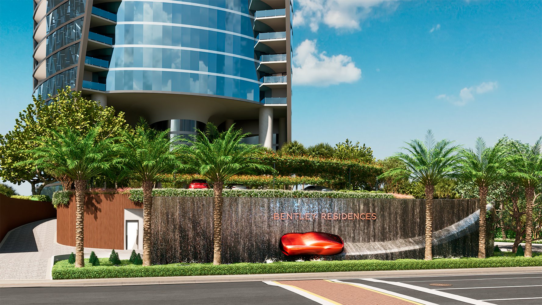 Bentley Residences Sunny Isles exterior oceanfront tower in Sunny Isles Beach; luxury and ultra luxury condos, preconstruction, resort‑style design with panoramic Atlantic views. Featuring view.