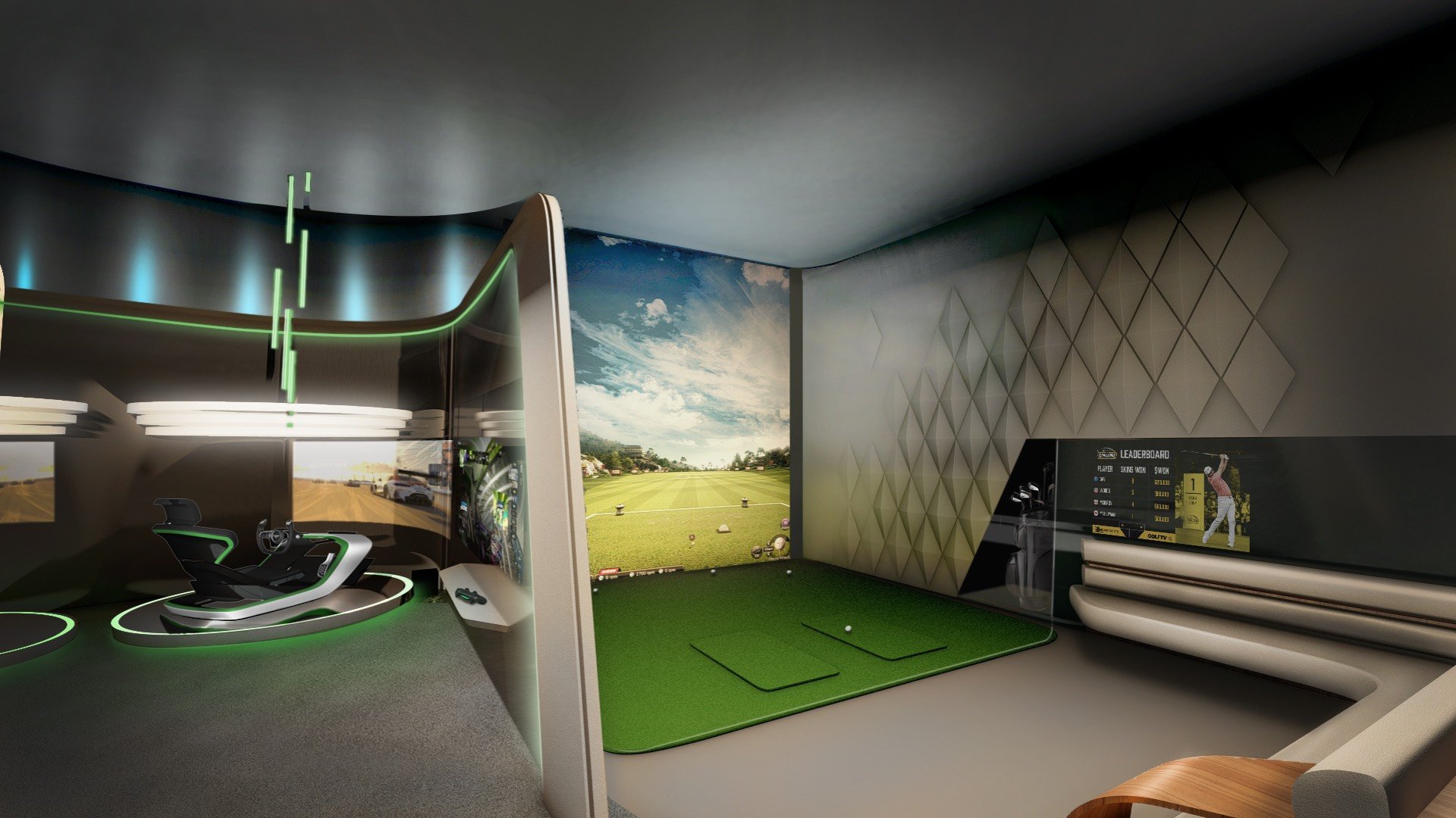 Bentley Residences Sunny Isles golf simulator lounge in Sunny Isles Beach; luxury and ultra luxury condos, preconstruction, exclusive resident recreation. Featuring simulation and room.
