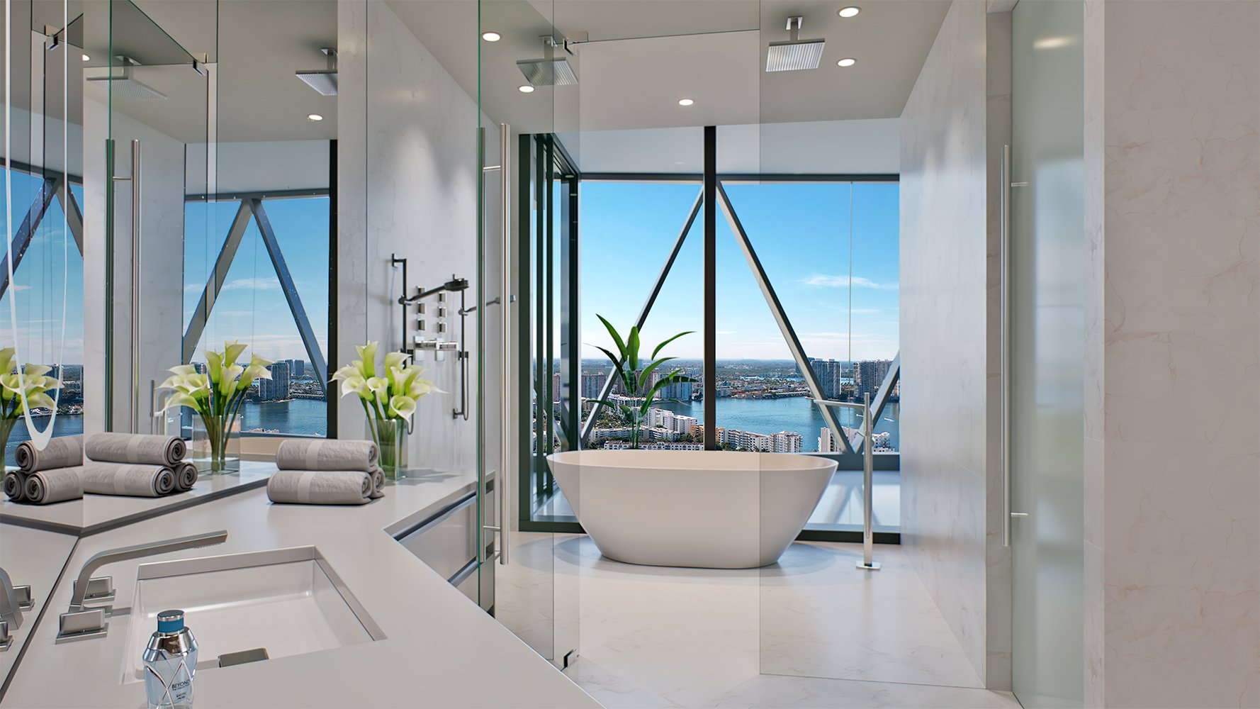 Bentley Residences Sunny Isles bathroom with city skyline view in Sunny Isles Beach; luxury and ultra luxury condos, preconstruction, spa‑like finishes. Featuring luxurious.