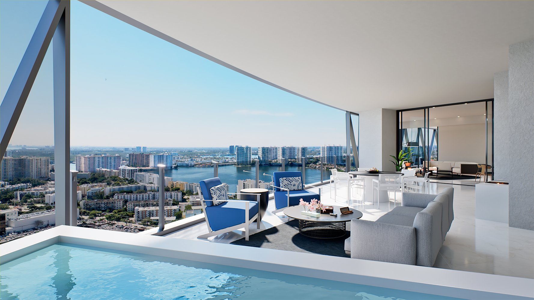 Bentley Residences Sunny Isles penthouse view over Sunny Isles Beach; luxury and ultra luxury condos, preconstruction, elevated ocean and city vistas.