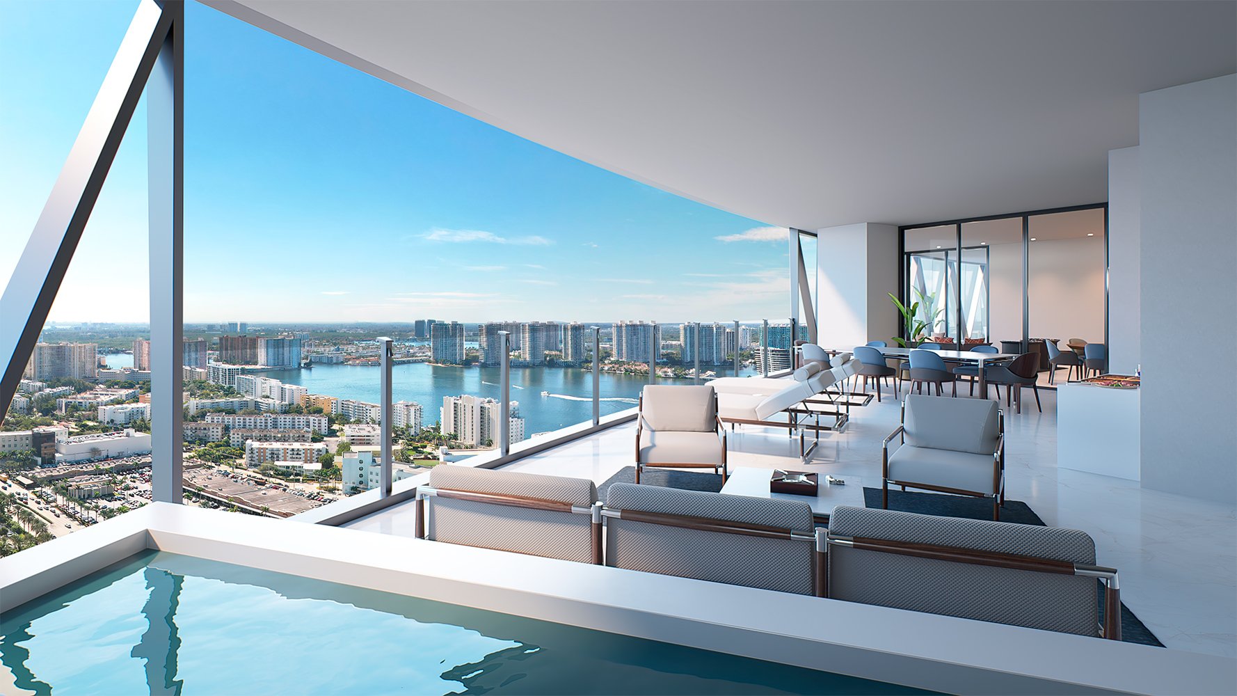 Bentley Residences Sunny Isles apartment cityscape view in Sunny Isles Beach; luxury and ultra luxury condos, preconstruction, skyline outlook.