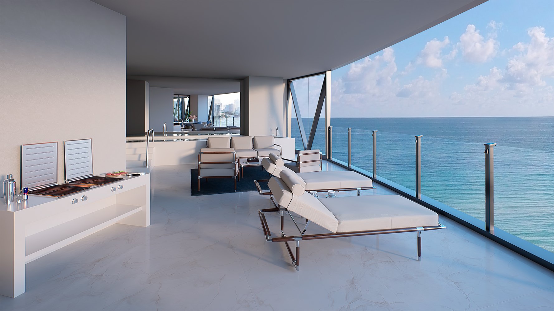 Bentley Residences Sunny Isles seaside balcony view in Sunny Isles Beach; luxury and ultra luxury condos, preconstruction, oceanfront lifestyle.