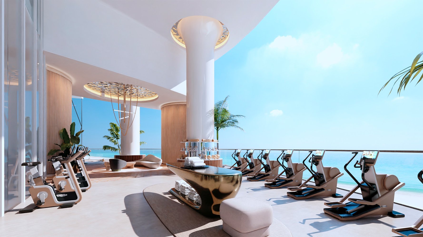 Bentley Residences Sunny Isles gym with ocean view in Sunny Isles Beach; luxury and ultra luxury condos, preconstruction, wellness amenity.