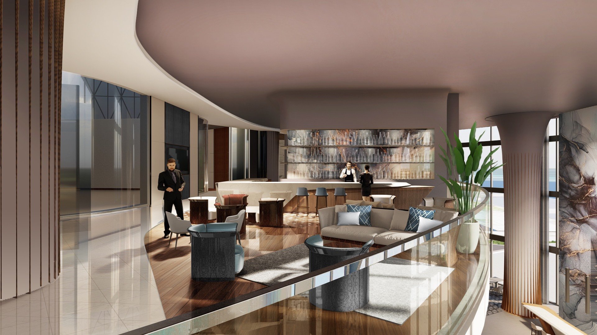 Bentley Residences Sunny Isles lounge interior design in Sunny Isles Beach; luxury and ultra luxury condos, preconstruction, social amenity.
