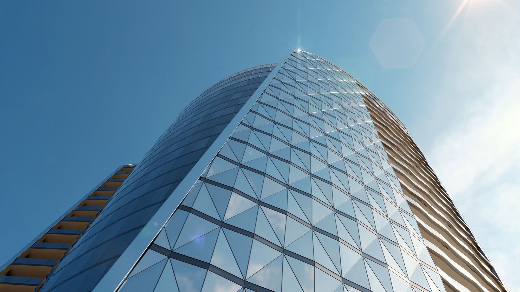 Bentley Residences Sunny Isles modern architectural tower on the skyline in Sunny Isles Beach; luxury and ultra luxury condos, preconstruction, signature design. Featuring building.