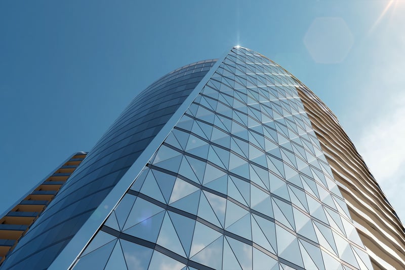 Bentley Residences Sunny Isles modern architectural tower on the skyline in Sunny Isles Beach; luxury and ultra luxury condos, preconstruction, signature design. Featuring building.