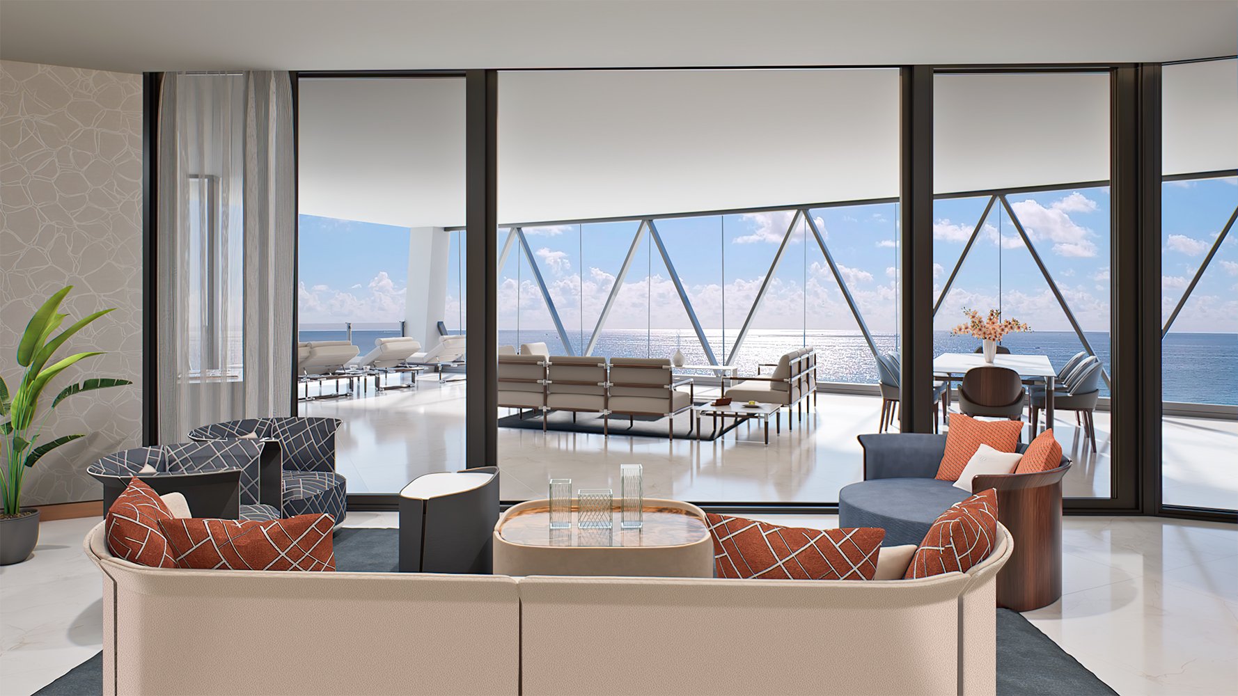 Bentley Residences Sunny Isles coastal living room interior in Sunny Isles Beach; luxury and ultra luxury condos, preconstruction, modern design.