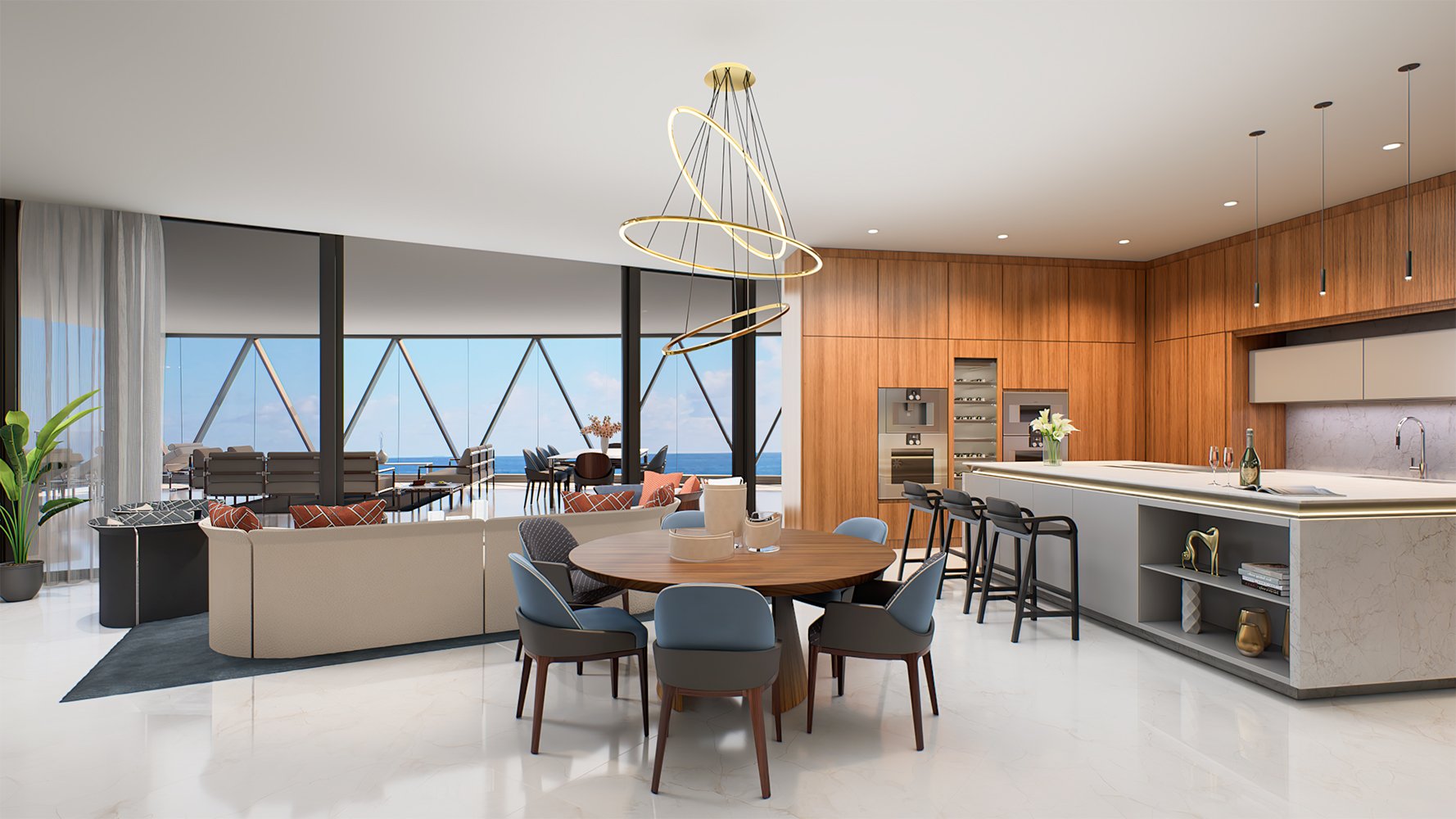Bentley Residences Sunny Isles modern kitchen and living space in Sunny Isles Beach; luxury and ultra luxury condos, preconstruction, premium finishes. Featuring interior.