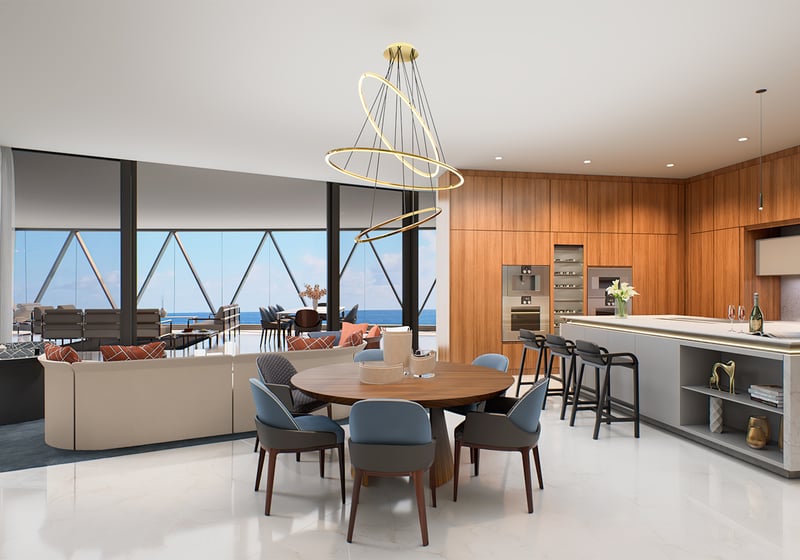 Bentley Residences Sunny Isles modern kitchen and living space in Sunny Isles Beach; luxury and ultra luxury condos, preconstruction, premium finishes. Featuring interior.