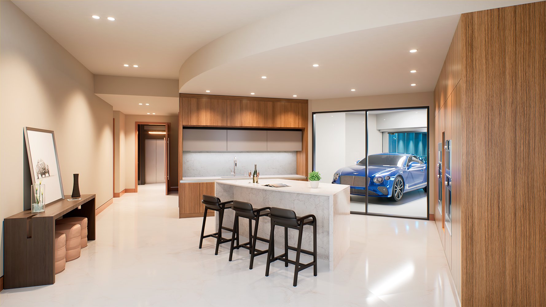 Bentley Residences Sunny Isles kitchen with garage view in Sunny Isles Beach; luxury and ultra luxury condos, preconstruction, distinctive feature. Featuring modern.