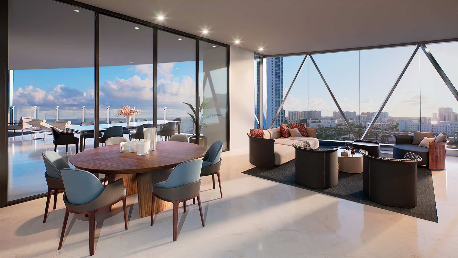 Bentley Residences Sunny Isles living room with ocean view in Sunny Isles Beach; luxury and ultra luxury condos, preconstruction, floor‑to‑ceiling vistas.